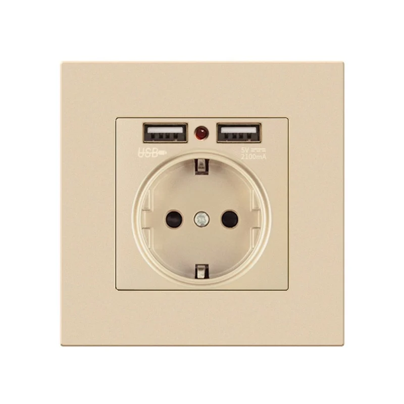 Priza de Perete cu 2 Porturi USB Techstar® TS-PC, 110-250V, 16A, Ignifuga, 86x86mm, Auriu