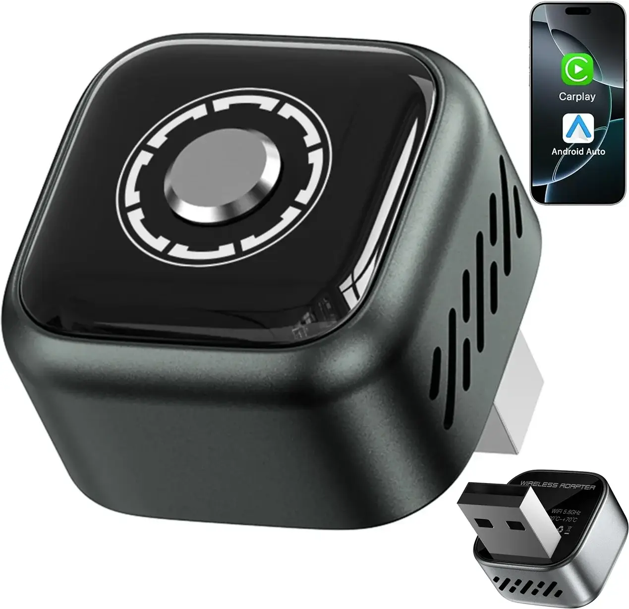 Adaptor Wireless CarPlay & Android Auto 2-in-1 Techstar® B12, USB Compact, Bluetooth 5.3 + Wi-Fi 5.8GHz (5G), Plug & Play, Buton Control/Reset + LED, Conectare Automata