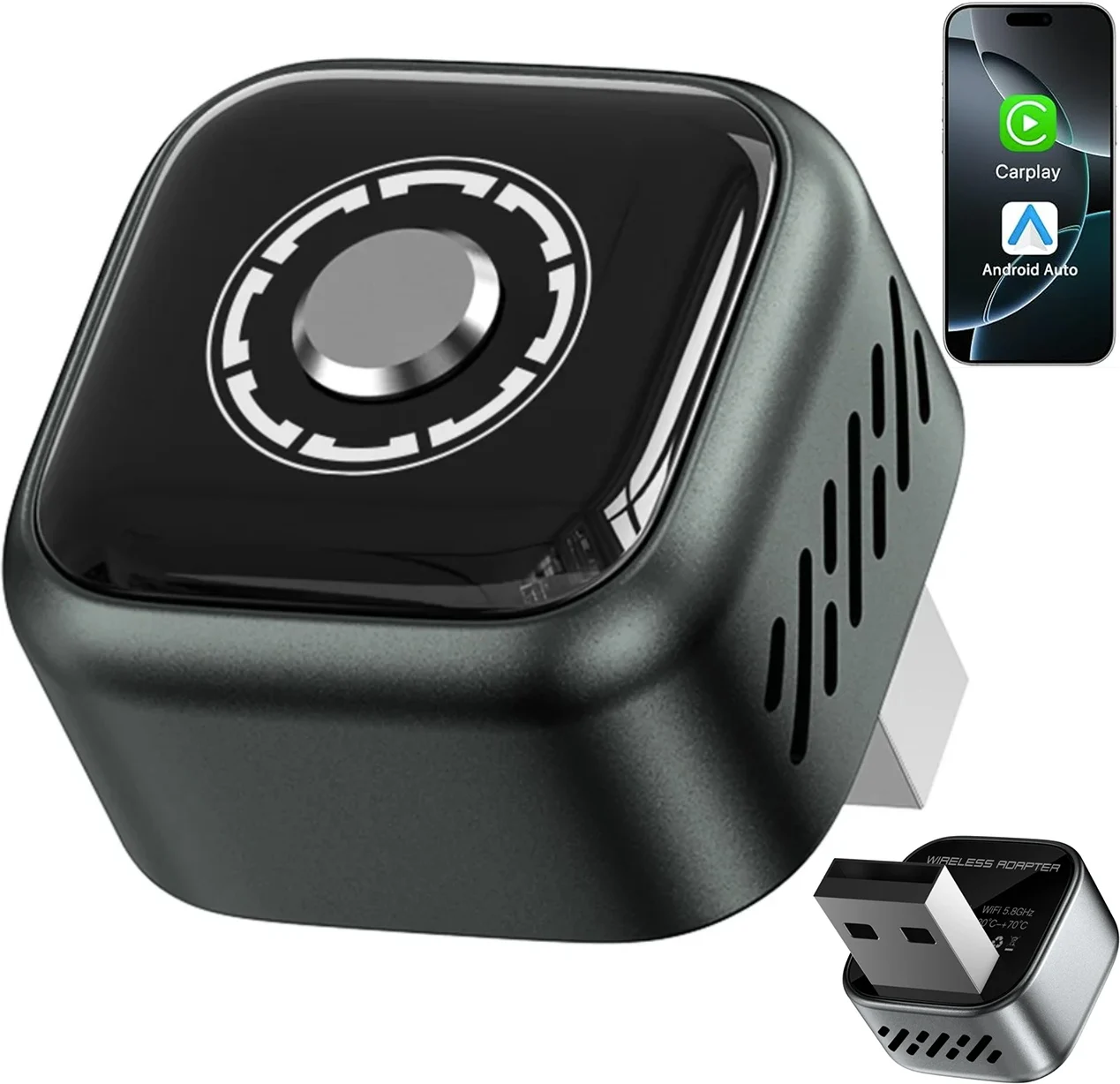 Adaptor Wireless CarPlay & Android Auto 2-in-1 Techstar® B12, USB Compact, Bluetooth 5.3 + Wi-Fi 5.8GHz (5G), Plug & Play, Buton Control/Reset + LED, Conectare Automata