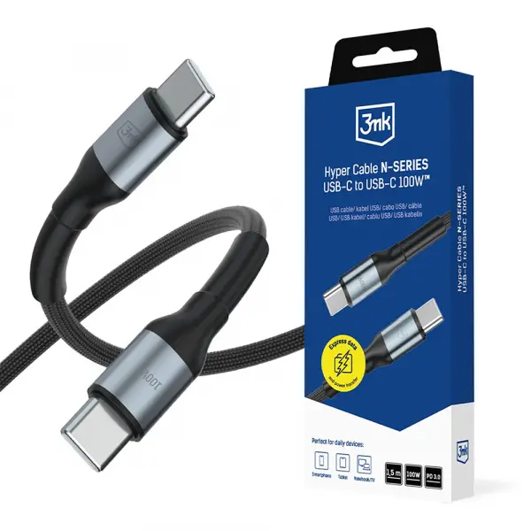 Cablu Date si Incarcare USB-C - USB-C 3MK Hyper N, 100W, 1.5m, Negru