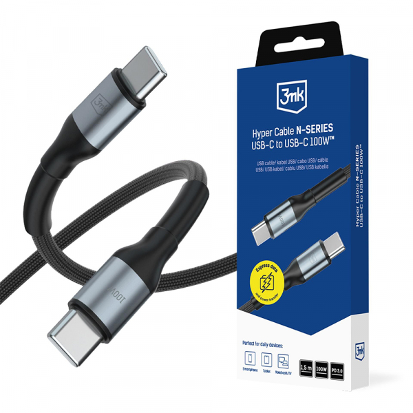 Cablu Date si Incarcare USB-C - USB-C 3MK Hyper N, 100W, 1.5m, Negru