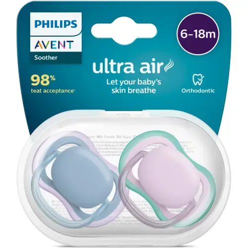 Set 2 suzete Philips-Avent SCF085/34, ultra air pacifier 6-18 luni, Ortodontice, fara BPA, Mov/Albastru