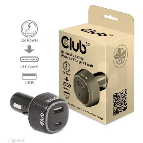 Incarcator auto CLUB3D CAC-1922, 63W, USB-A, USB Type-C (Negru)