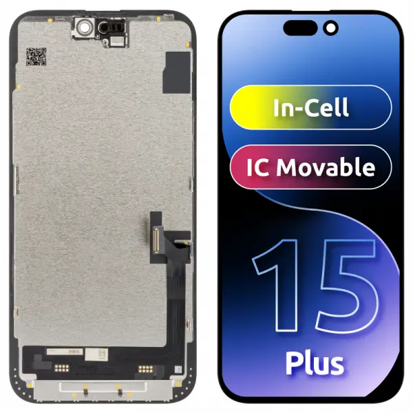 Display cu Touchscreen JK pentru Apple iPhone 15 Plus, cu Rama, Versiune LCD In-Cell IC Movable, Negru