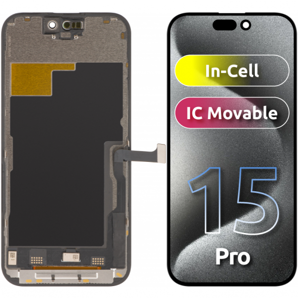 Display cu Touchscreen ZY pentru Apple iPhone 15 Pro, cu Rama, Versiune LCD In-Cell IC Movable, Negru