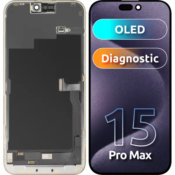 Display cu Touchscreen MP compatibil cu Apple iPhone 15 Pro Max, cu Rama, Versiune OLED FHD Diagnostic, Negru