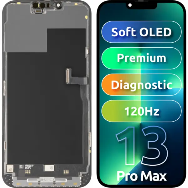 Display cu Touchscreen MP compatibil cu Apple iPhone 13 Pro Max, cu Rama, Versiune Premium Soft OLED FHD 120Hz Diagnostic, Negru