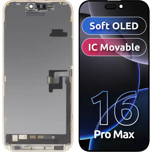 Display cu Touchscreen MP compatibil cu Apple iPhone 16 Pro Max, cu Rama, Versiune Soft OLED FHD IC Movable, Negru