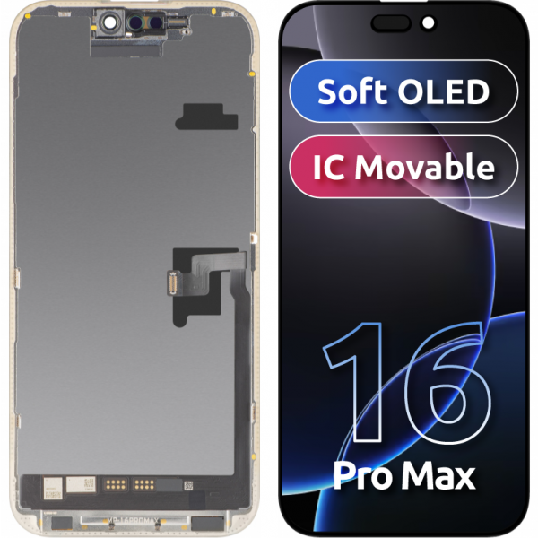 Display cu Touchscreen MP compatibil cu Apple iPhone 16 Pro Max, cu Rama, Versiune Soft OLED FHD IC Movable, Negru