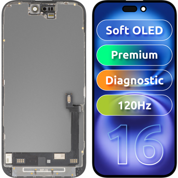 Display cu Touchscreen MP compatibil cu Apple iPhone 16, cu Rama, Versiune Premium Soft OLED FHD 120Hz Diagnostic, Negru