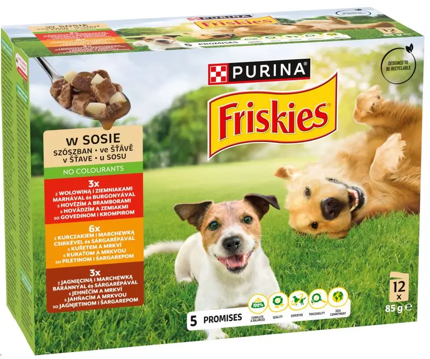 FRISKIES Pachet plicuri pentru câini Adulţi, cu Pui, Vită şi Miel 12x85g