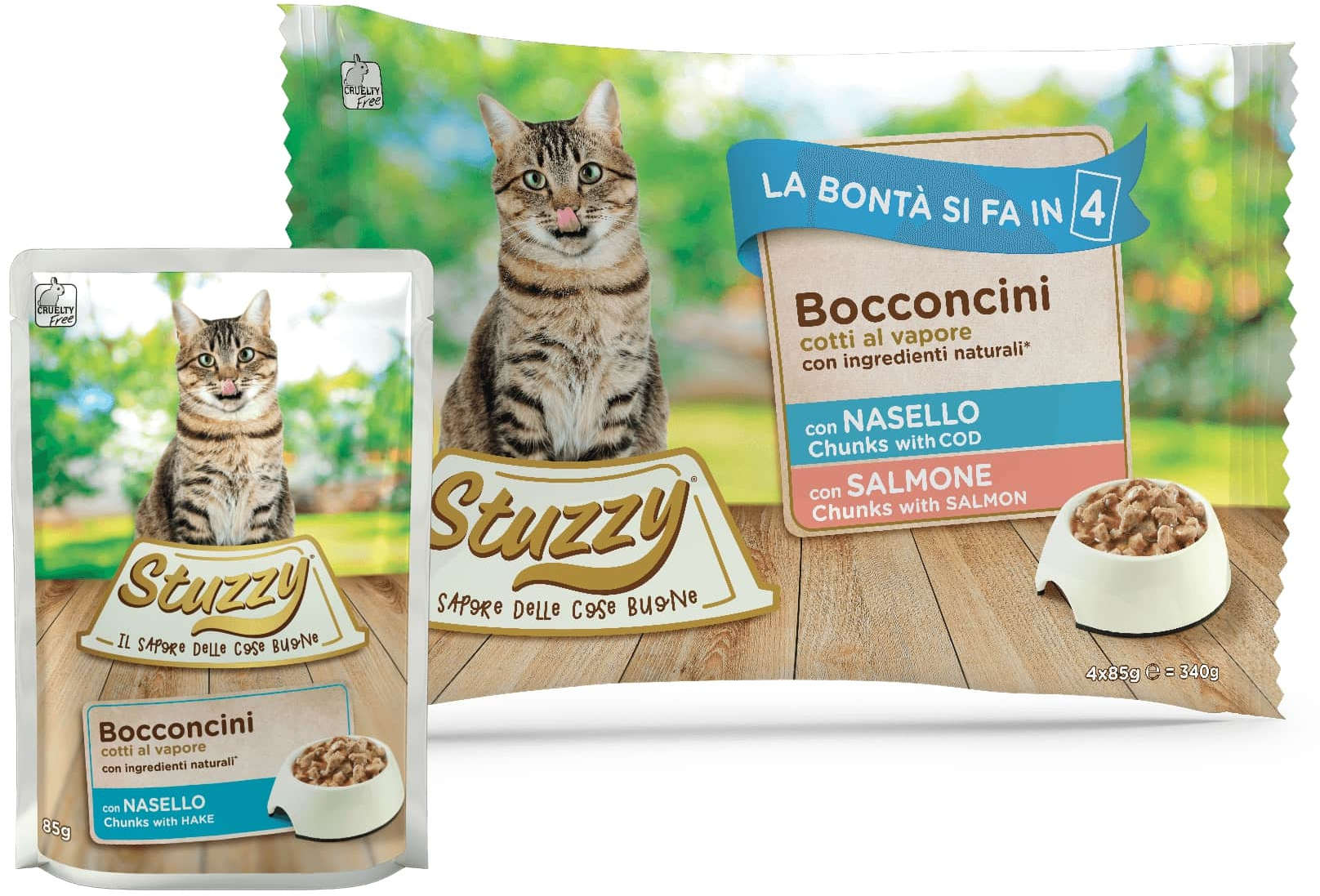 STUZZY Chunks Pachet plicuri ptr pisici, cu Merluciu/Somon 4x85g
