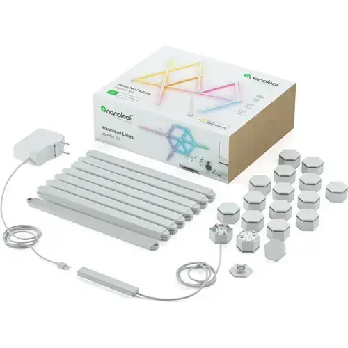 Kit 15 panouri LED RGBW luminoase modulare inteligente Nanoleaf Lines Starter Kit, Wi-Fi, sincronizare muzica, lumina alba si colorata reglabila, compatibil Apple HomeKit, Amazon Alexa, Google Assistant