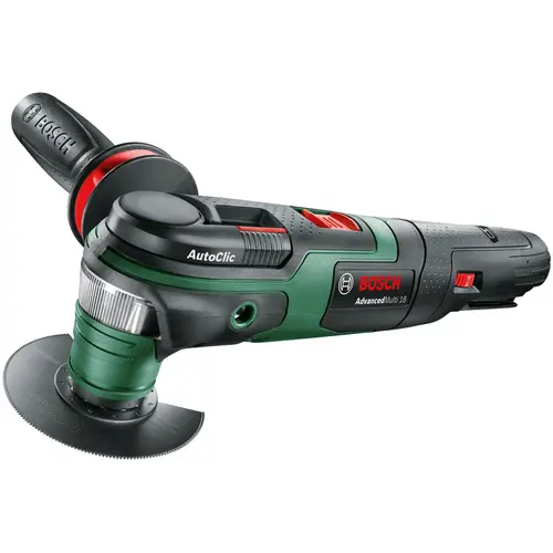 Unealta multifuncționala pe acumulator Bosch AdvancedMulti 0603104000, 18 V, 20.000 RPM, 2.8° oscilatie, panza fierastrau segmentata ACZ 85 EB, panza fierastrau ACZ 85 EB, maner cu amortizor, placa slefuire, set hartie abraziva, limitator adancime