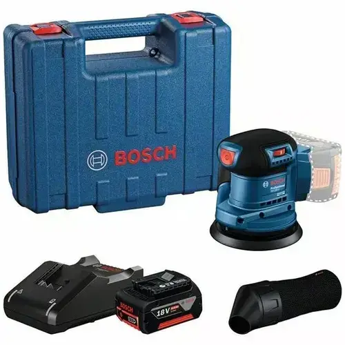 Slefuitor cu excentric pe acumulator Bosch Professional GEX 185-LI, 18 V, 125 mm diametru disc, 10.000 RPM, 20.000 vibratii/min, sac colector praf, acumulator 4 Ah, incarcator rapid, valiza transport