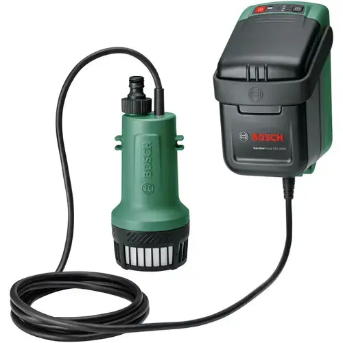 Pompa de apa pluviala pe acumulator Bosch GardenPump 06008C4203, 18 V, 33.3 l/min debit maxim, 2.5 m lungime furtun conectare, 1.8 m adancime maxima rezervor, 30 min timp functionare maxim, fara acumulator/incarcator