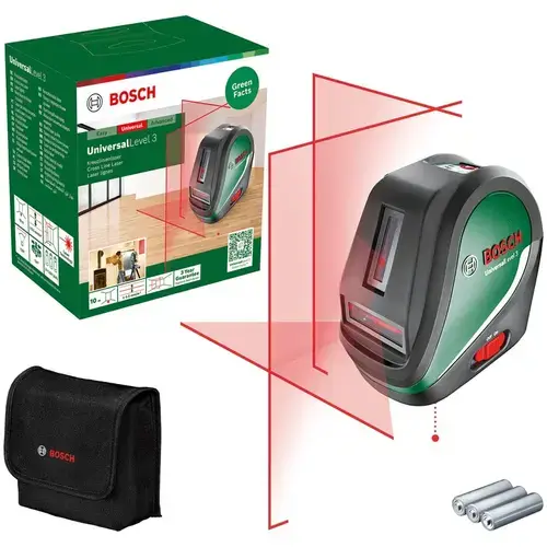 Nivela laser cu linii Bosch Universal Level 3 0603663904, 10 m domeniu lucru, 635-650 nm dioda laser, ± 0.5 mm/m precizie, clasa laser 2, ± 4° autonivelare, 120° unghi deschidere, 1/4inch filet stativ, geanta depozitare, 3 x LR6 (AA) 1.5 V