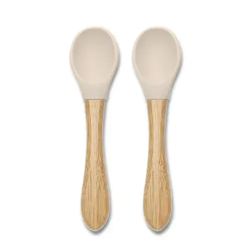 Set 2 lingurite din silicon si bambus Lorelli Beige, forma ergonomica, 6 luni+