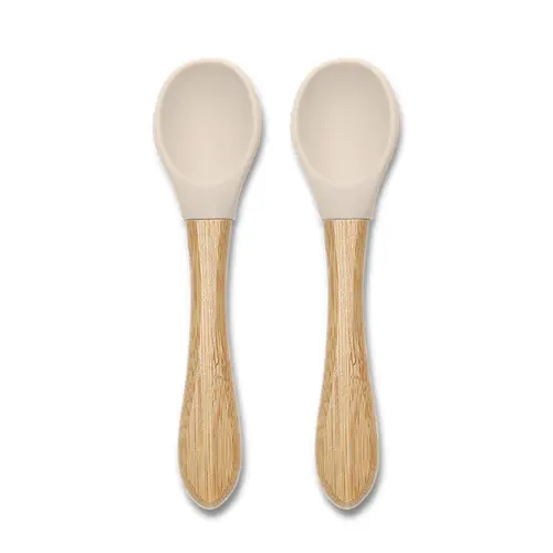 Set 2 lingurite din silicon si bambus Lorelli Beige, forma ergonomica, 6 luni+