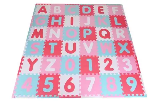Covoras puzzle colorat Knorr Toys Cifre si Litere Pink Rosa, 110 piese, 180x180 cm, din spuma moale Eva, izolator si antiderapant, 0 Luni+