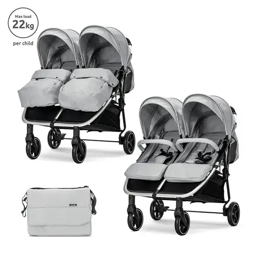 Carucior pentru gemeni Lorelli Duo, pana la 22 kg per copil, cadru din aluminiu, spatar reglabil pozitii multiple, geanta inclusa, Gri