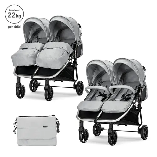 Carucior pentru gemeni Lorelli Duo, pana la 22 kg per copil, cadru din aluminiu, spatar reglabil pozitii multiple, geanta inclusa, Gri