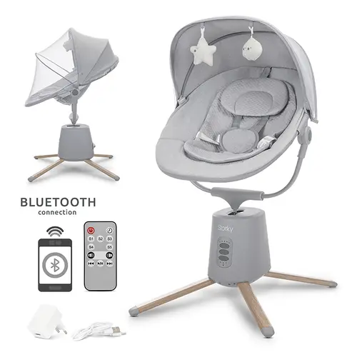 Leagan electric pentru bebelusi Lorelli Storky, Bluetooth, telecomanda, 5 viteze de leganare, potrivit 0-6 luni, Gri