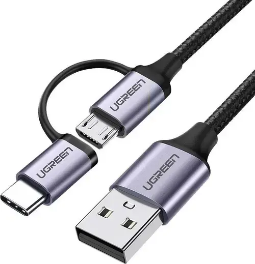 Cablu de date Ugreen 30875, micro-USB + USB-C la USB-A, 1m (Gri)