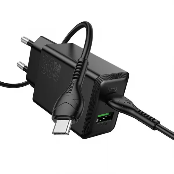 Incarcator Retea Cu Cablu USB-C HOCO N71, 30W, 3A, 1 x USB-A - 1 x USB-C, Negru