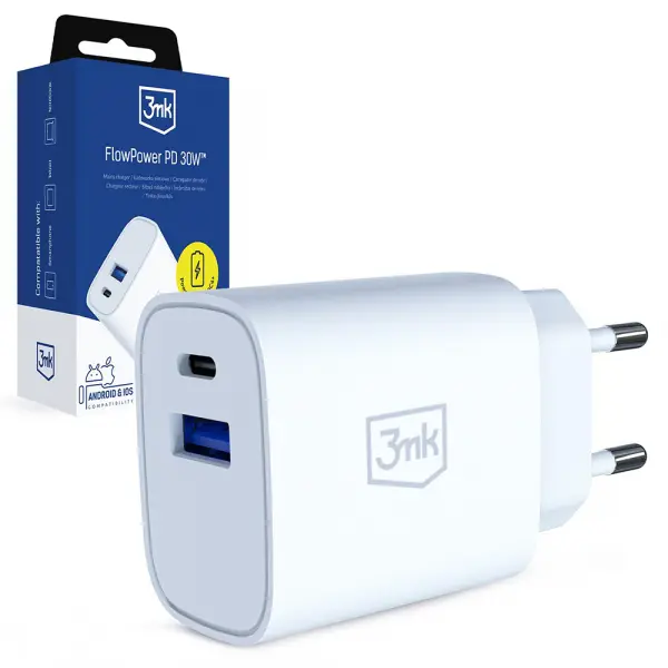 Incarcator Retea 3MK FlowPower, 30W, 1 x USB-A - 1 x USB-C, Alb