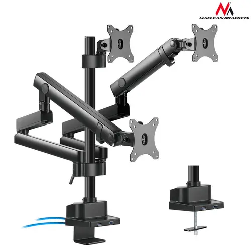 Suport de birou Maclean pentru 3 monitoare, aluminiu/otel, brate reglabile, arcuri, 17 - 32 inch, Negru