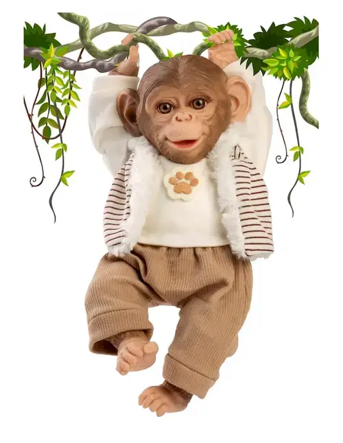 Papusa reborn maimuta Guca, 32 cm, corp din material textil, design expresiv si pietenos, cu pantalon raiat bej, tricou si hanorac, 3 ani+