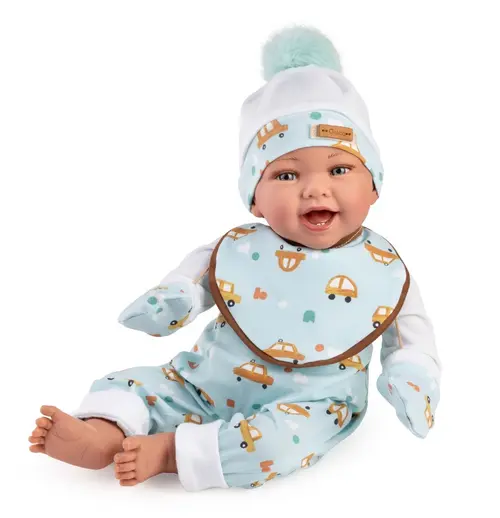 Papusa clasica Guca Dani, 42 cm, corp textil si membre din vinil, cu salopeta albastra si accesorii