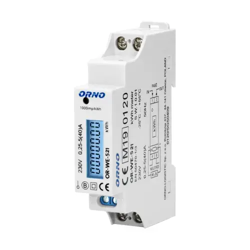 Contor monofazic ORNO OR-WE-521, 40A, certificare MID, 230V, clasa de masurare B, frecventa de impuls 1000 imp/kWh, IP51, alb