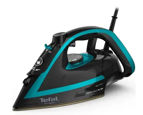 Fier de calcat Tefal Puregliss FV8066E0, 3000 W, abur variabil 50 g/min, Colector Micro Calc, Oprire automata (Negru/Albastru)