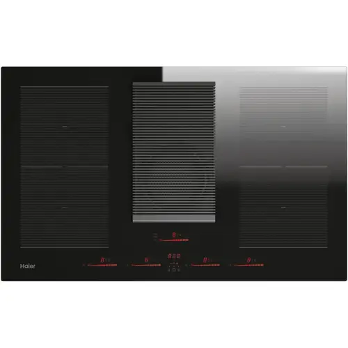 Plita incorporabila cu hota inclusa Haier HAIH8IFMCE, Inductie (tip hota: evacuare), Clasa A, 4 zone de gatit, Double Bridge Zone, Control tactil multislider, Indicator de caldura reziduala, Timmer, Booster, Incalzire automata, Keep warm, 80 cm (Negru)