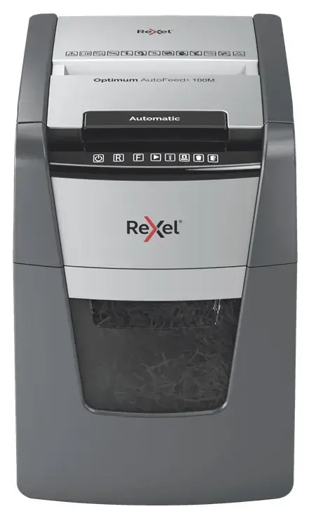 Distrugator documente si carduri automat Rexel Optimum AutoFeed+ 100M RX-2020100MEU, P5, 100 Coli, Cos 34 L (Negru)