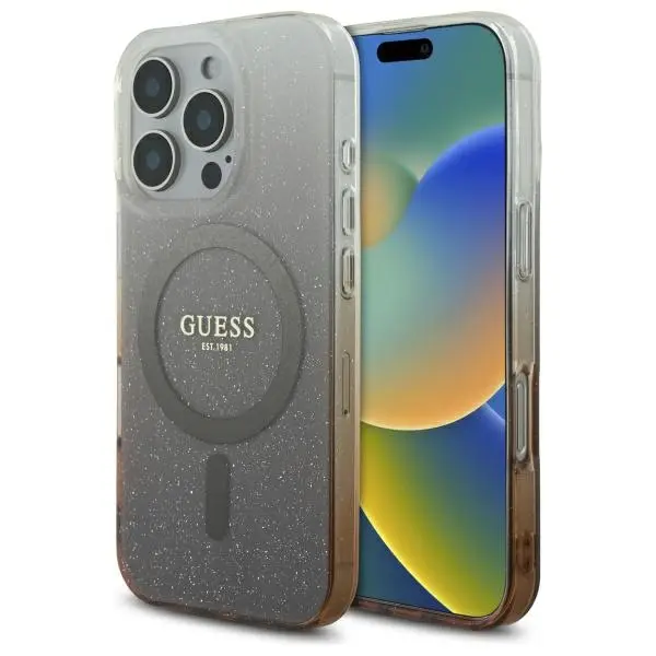 Husa MagSafe pentru Apple iPhone 16 Pro, Guess, IML Glitter Gradient, Maro