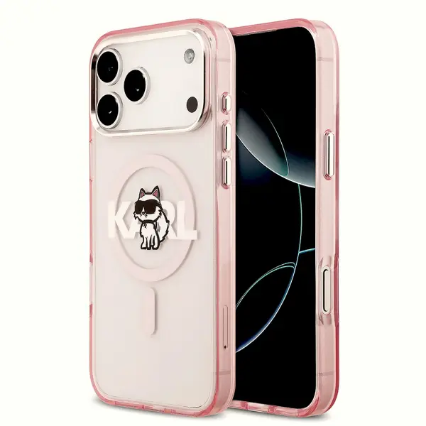 Husa MagSafe pentru Apple iPhone 17 Pro Max, Karl Lagerfeld, IML Sketch Logo Choupette, Roz