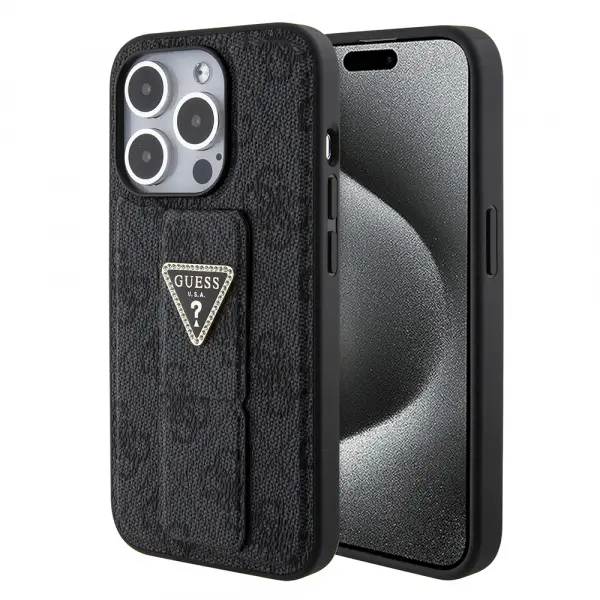 Husa pentru Apple iPhone 15 Pro, Guess, Grip Stand 4G Triangle Strass, Neagra