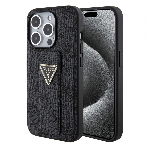 Husa pentru Apple iPhone 15 Pro, Guess, Grip Stand 4G Triangle Strass, Neagra