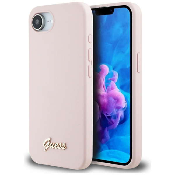 Husa pentru Apple iPhone 17e / 16e, Guess, Script Metal Logo, Roz