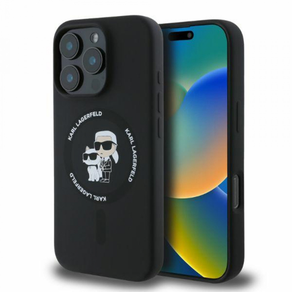 Husa MagSafe pentru Apple iPhone 16 Pro Max, Karl Lagerfeld, Silicone Ring Karl & Choupette, Neagra