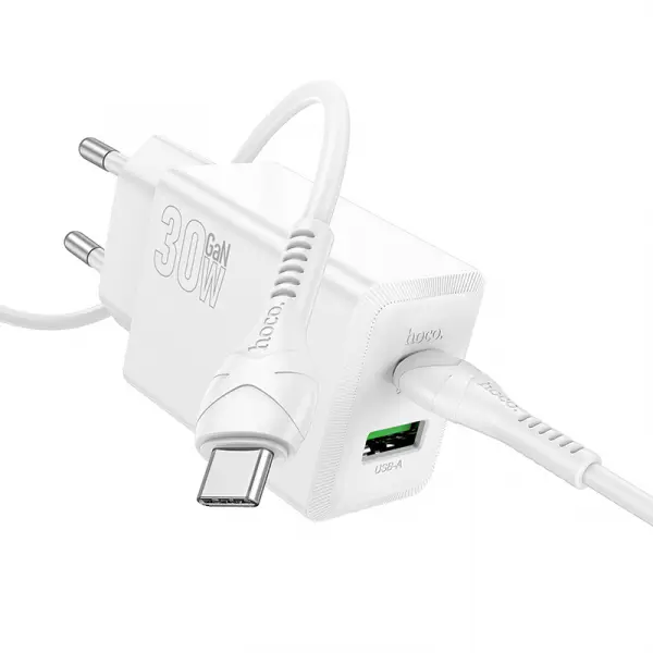 Incarcator Retea Cu Cablu USB-C HOCO N71, 30W, 3A, 1 x USB-A - 1 x USB-C, Alb