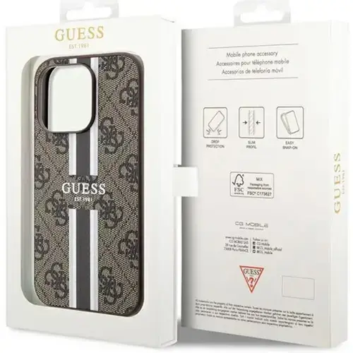 Husa Protectie Spate Guess 4G Printed Stripes MagSafe pentru Apple iPhone 15 Pro (Maro)