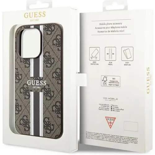 Husa Protectie Spate Guess 4G Printed Stripes MagSafe pentru Apple iPhone 15 Pro (Maro)