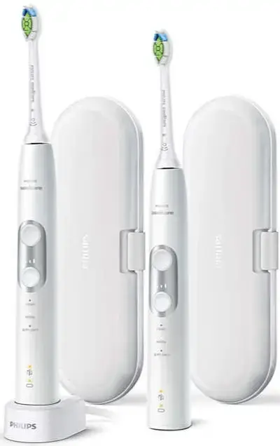 Set 2 Periute de dinti electrice Philips Sonicare ProtectiveClean 6100 HX6877/34, 62.000 vibratii/min, Senzor presiune, Memento inlocuire capat, Cronometru 2 min, 3 Programe, 2 Capete, 2 Truse de calatorie (Alb)