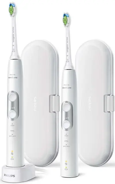 Set 2 Periute de dinti electrice Philips Sonicare ProtectiveClean 6100 HX6877/34, 62.000 vibratii/min, Senzor presiune, Memento inlocuire capat, Cronometru 2 min, 3 Programe, 2 Capete, 2 Truse de calatorie (Alb)