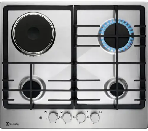 Plita incorporabila Electrolux KGM64311X, Mixta, 3 Arzatoare gaz / 1 Zona de gatire electrica, Aprindere electrica, Siguranta (Inox)