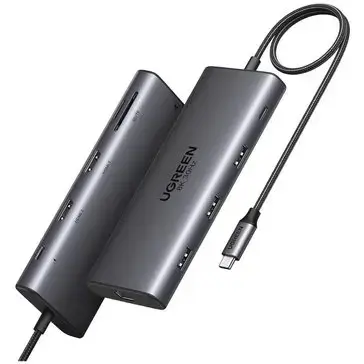 Hub USB Ugreen CM639, 1x RJ-45, 1x SD, 1x USB-C, 1x USB-C PD, 1x TF, 1x microSD, 2x HDMI + 3x USB-A 3.0 (Gri)